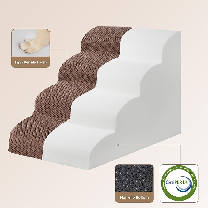 EHEYCIGA Curved Dog Stairs Ramp for High Beds 19.7" H, 4-Step Dog Steps for Small Dogs and Cats, Pet Stairs for High Bed Climbing, Non-Slip Balanced Pet Step Indoor, Brown-PawvioPets