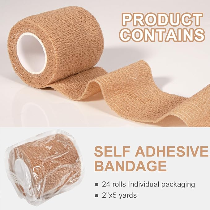 24 Pack Self Adhesive Bandage Wrap, 2” x 5 Yards Cohesive Medical Tape Elastic Grip Tape Sports Tape Athletic for Ankle, Wrist Sprains, Pet First Aid (Brown, 2 Inch)-PawvioPets