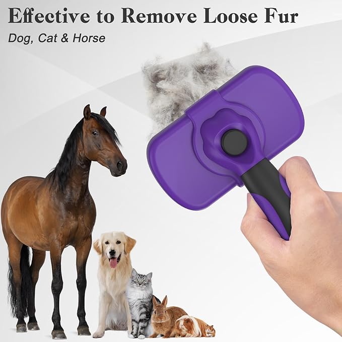 Self Cleaning Cat & Dog Grooming Brush - Skin Friendly Deshedding Hair Brush for Haired Dogs & Puppies, Purple-PawvioPets