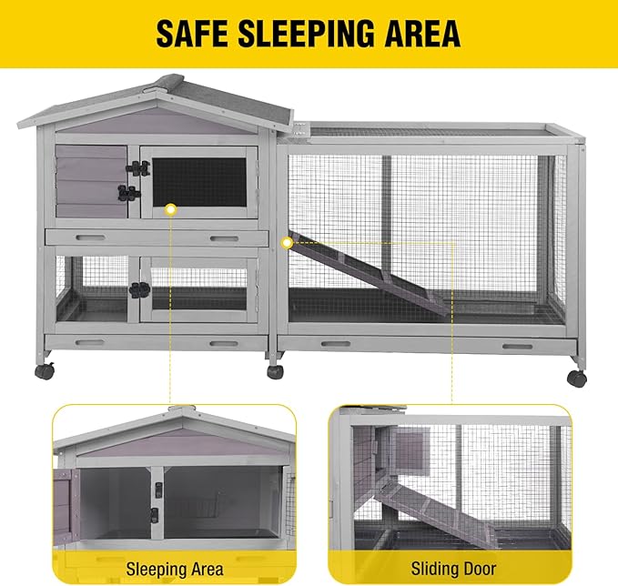 Aivituvin Rabbit Hutch Outdoor Rabbit Cage Indoor with Casters Bunny Cage Chikcen Coop for Small Animals with Pull-Out Tray(Grey)-PawvioPets