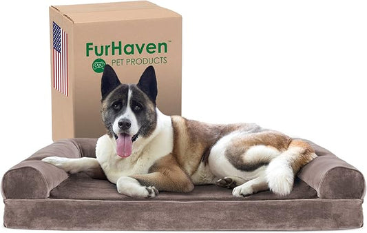 Furhaven Cooling Gel Dog Bed for Large Dogs w/ Removable Bolsters & Washable Cover, For Dogs Up to 95 lbs - Faux Fur & Velvet Sofa - Driftwood Brown, Jumbo/XL-PawvioPets