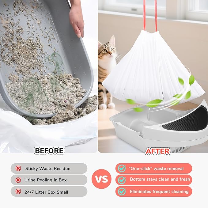 80 Count Thicken Cat Litter Box Liners for Automatic Cat Litter Box and Litter-Robot 4/3, Heavy-Duty Drawstring Kitten Litter Drawer Liners Disposable 25" x 16"-PawvioPets