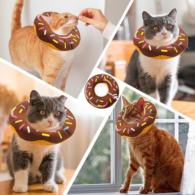 Cat Cone Collar Soft, Adjustable Cat Recovery Collars Spay Cone to Stop Licking, Cute Donut E Collar After Surgery, Wound Healing Elizabethan Collar for Kittens (Donut Brown, Small)-PawvioPets