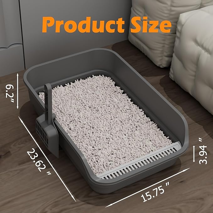 Extea Large Cat Litter Box with High Sides,Cat Boxes for Indoor Cats,Cat Litter Pan for Kitty,Litter Box with Low Entry,Easy to Clean,Anti-Splashing,23.6" x15.7" x6.2" (Grey)-PawvioPets