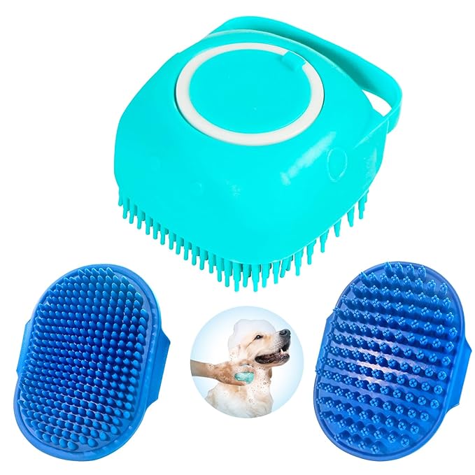 Dog Grooming Brush, Lilpep Pet Shampoo Bath Brush Soothing Massage Rubber Comb with Adjustable Ring Handle for Long Short Haired Dogs and Cats (Blue, set)-PawvioPets