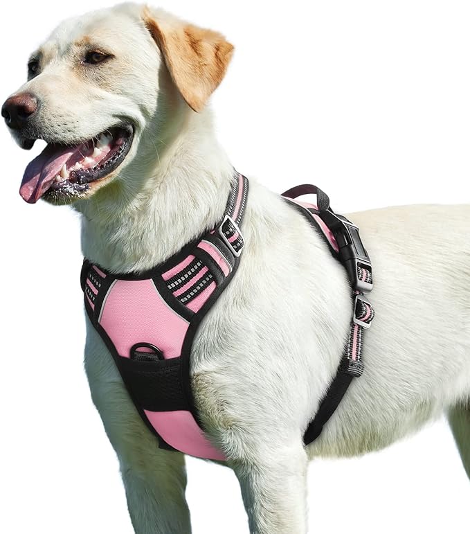 Eagloo Dog Harness for Large Dogs, No Pull Service Vest with Reflective Strips and Control Handle, Adjustable and Comfortable for Walking, No Choke Pet Harness with 2 Metal Rings, Pink, L-PawvioPets