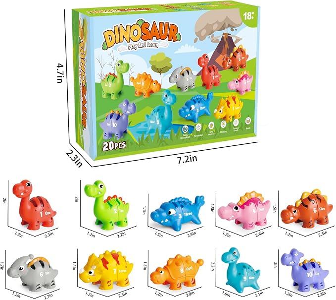 20 PCS Dinosaur Number Learning Toys for Toddlers Kids 3-5, 10 Different Dinosaur Figures, Double Sided Number Matching Game, Preschool Activities Montessori Fine Motor Toys for Toddlers Kids-PawvioPets