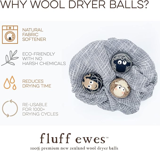 Fluff Ewes Wool Dryer Balls 3 Pack Premium New Zealand Wool Laundry Balls for Dryer, No Static Dryer Balls Laundry Reusable Cute - XL Wool Dryer Balls Cute, Baby Dryer Balls for Dryers - Darks-PawvioPets