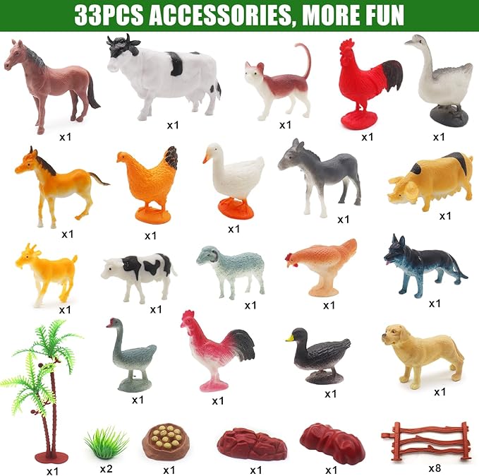 fisca Remote Control Tactor Toy Set & 33PSC Farm Vehicle Playset - Animal Figurines ,2.4GHz 1/24 Scale RC Tractor,Livestock Trailer, Fence with Light for Kids Age 4, 5, 6, 7 and Up Years Old-PawvioPets