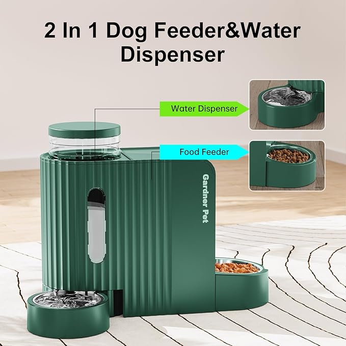 Gardner Pet Automatic Gravity Pet Feeder, 0.8 Gallons*2 Dog Feeder and Water Dispenser Set 100% BPA-Free, 2-in-1 Gravity Feeder with Stainless Steel Bowl for Dogs, Cats, Rabbits, Puppies (Green)-PawvioPets