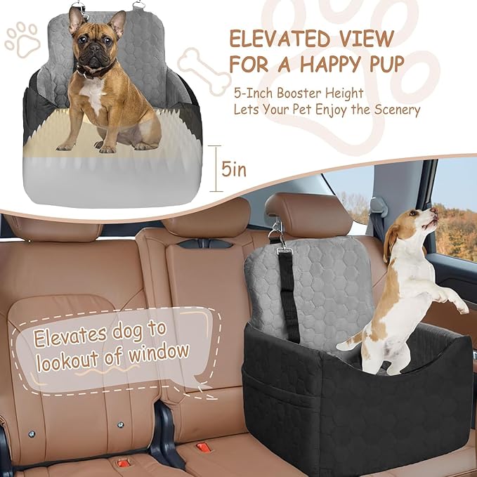 Dog Car Seat for Small/Medium Dogs - Dog Booster Seat with Safety Straps & Non-Slip Base, Travel Pet Car Seat with Storage Pockets, Washable & Removable, Suitable for Dogs Under 35 lbs (Black&Gray)-PawvioPets