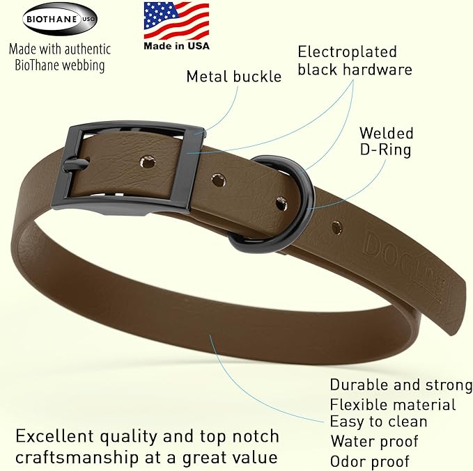 Dogline Biothane Waterproof Dog Collar Strong Coated Nylon Webbing with Black Hardware Odor- Proof for Easy Care Easy to Clean High Performance Fits Small Medium or Large Dogs, Dark Chocolate Brown-PawvioPets