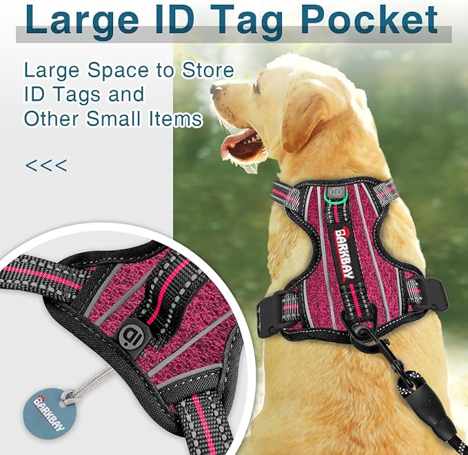 BARKBAY Dog Harness No Pull with ID Tag Pocket - Heavy Duty, Reflective, Easy Control for Large Dogs(Pink/Black,XL)-PawvioPets