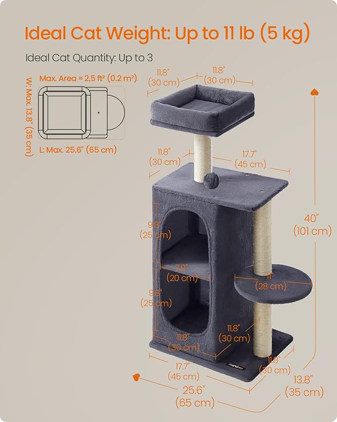 Feandrea Cat Tree Tower with 2 Caves for Multi-Cat Households, Kittens, Scratching Posts, Dark Gray UPCT005G02-PawvioPets