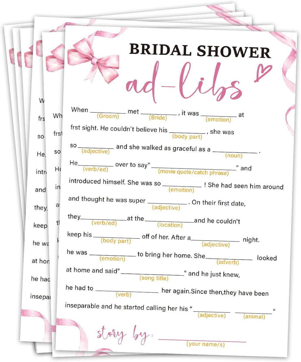 Bridal Shower Games 30 Guests, Ad-Libs Bridal Shower Wedding Games for Reception, Rehearsal Dinner Engagement Party Activities Game Card/HL 007