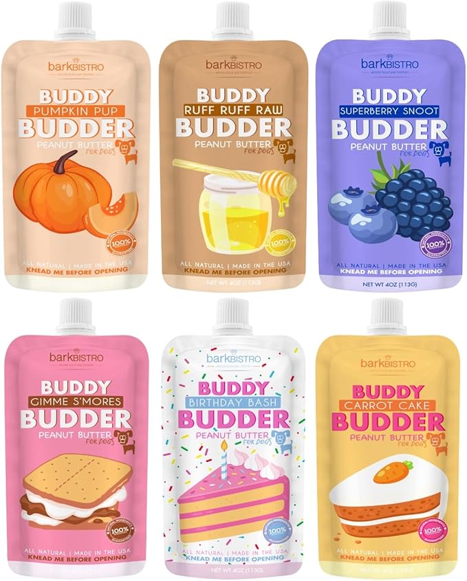 BUDDY BUDDER 6 Pack Mixed Flavor Squeeze Packs, 100% Natural Dog Peanut Butter, Healthy Peanut Butter Dog Treats, Made in USA, (4oz Packs)-PawvioPets