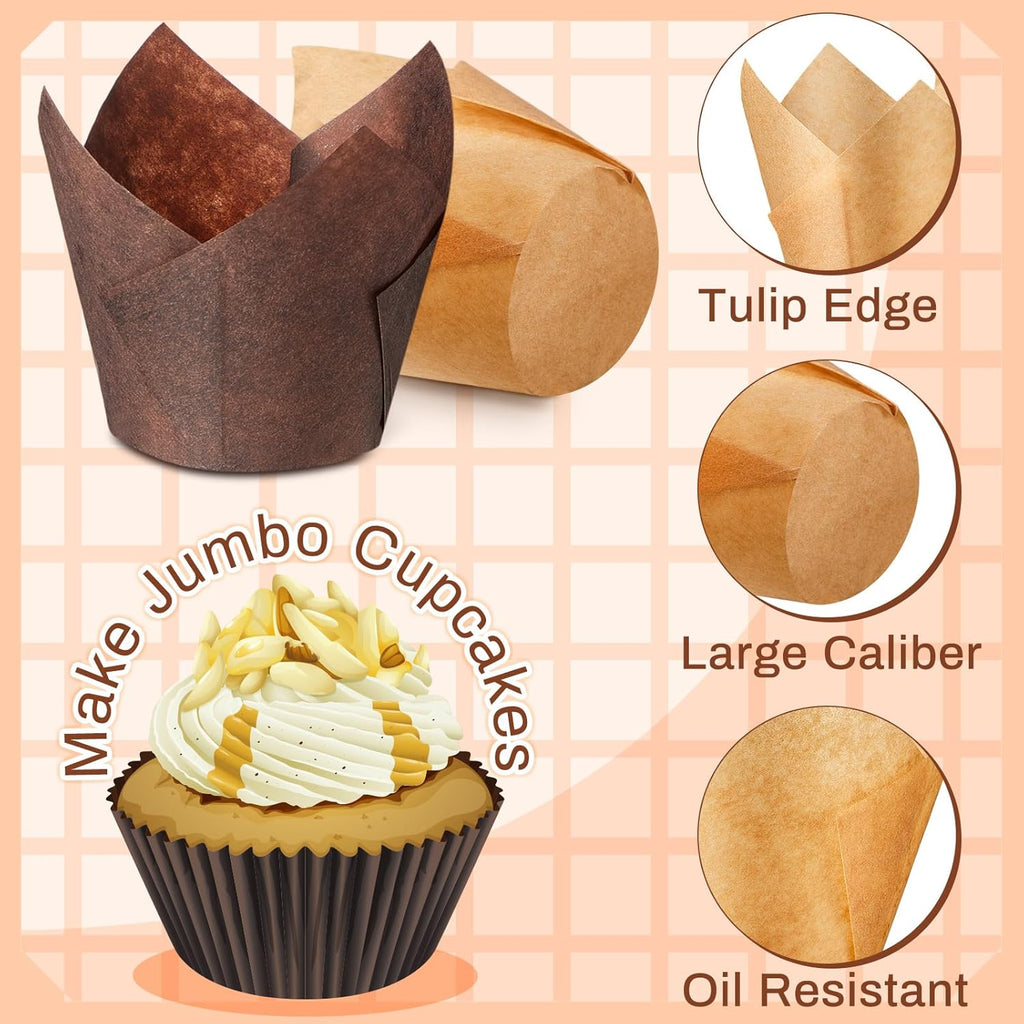 300 Pcs Jumbo Muffin Liners for Baking 2-1/4" x 4" Large Tulip Cupcake Liners Greaseproof Cupcake Wrapper Paper for Weddings Birthday Christmas Anniversaries Party (Light Brown,White,Brown)