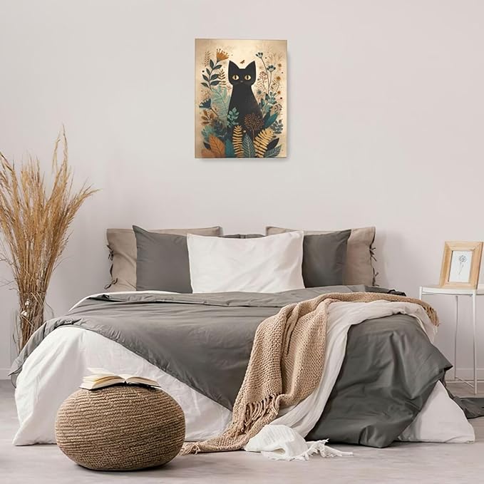 Boho Black Cat Wall Art Kitten Botanical Wall Decor Mid Century Modern Canvas Painting Print Minimalist Pictures Artwork Framed Decorations Gifts for Cat Lover Bathroom Nursery Living Room Bedroom Kitchen 16"x20"-PawvioPets
