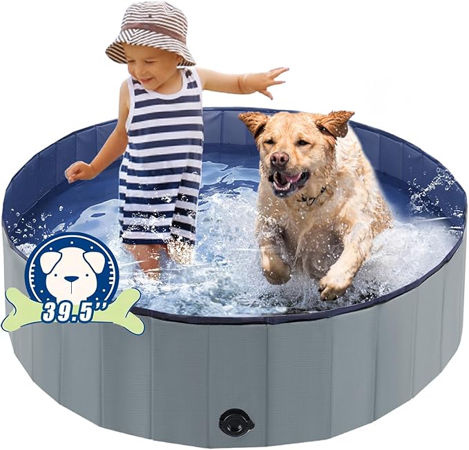 Foldable Dog Bath Swimming Pool Plastic Kiddie Pool Professional Tub Collapsible Grooming Bathtub for Pets Kids Baby and Toddler, 39.5 x 12 Inches Gray-PawvioPets