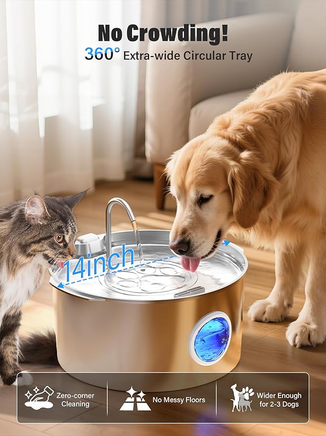 3.4Gal Dog Water Fountain for Large Dogs, Extra Large Stainless Steel Pet Water Fountain, Round Dog Water Bowl Dispenser with Metal Handle, Water Level Window, Supet Quiet Pump for Multi Pet Home-PawvioPets
