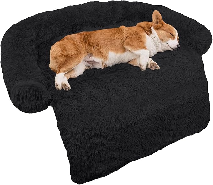 GGIB Calming Dog Bed Fluffy Plush Dog Mat for Furniture Protector with Removable Washable Cover for Large Medium Small Dogs and Cats (Medium, Black)-PawvioPets