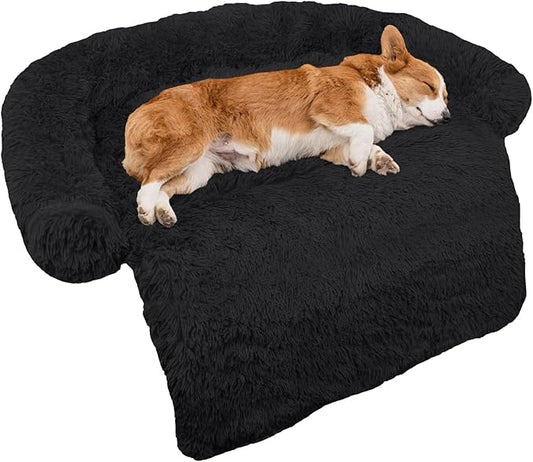 GGIB Calming Dog Bed Fluffy Plush Dog Mat for Furniture Protector with Removable Washable Cover for Large Medium Small Dogs and Cats (Medium, Black)-PawvioPets