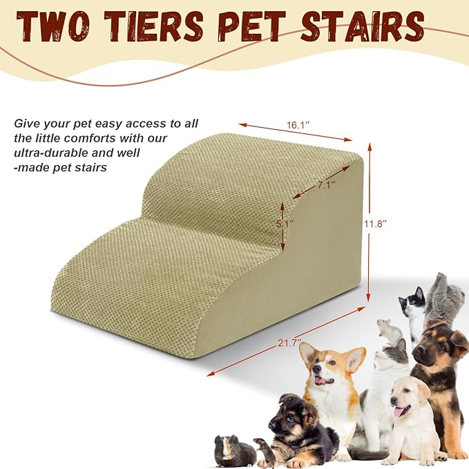 Dog Stairs for Small Dogs - High Density Foam Pet Steps, Extra Wide Dog Ramp with Non-Slip Bottom for High Beds, Couch and Sofa, Best for Dogs Injured, Older Doggy Cats,2 Steps, Camel-PawvioPets