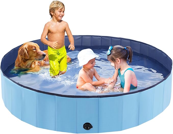 Foldable Dog Bath Swimming Pool Plastic Kiddie Pool Professional Tub Collapsible Grooming Bathtub for Pets Kids Baby and Toddler, 97 x 12 Inches Blue-PawvioPets