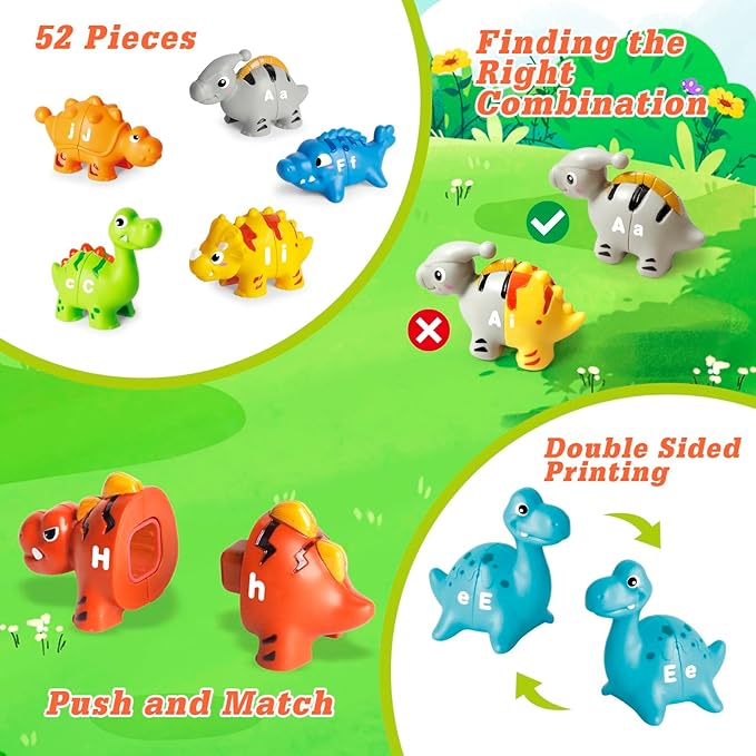 52 PCS Dinosaur Alphabet Learning Toys for Toddlers Kids 3-5, 10 Different Dinosaur Figures, Double Sided ABC Matching Game, Preschool Activities Montessori Fine Motor Toys for Toddlers Kids-PawvioPets