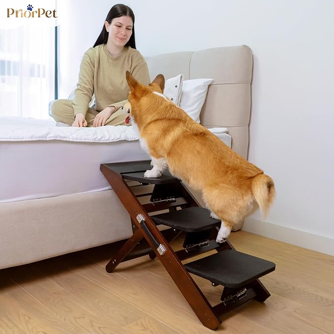 Dog Steps for Bed & Couch 2-in-1 Dog Stairs/Ramp - Height Adjustable Dog Ramp for Couch 7” - 20” - Pet Stairs, Dog Stairs for Small Dogs - Easy to Move Pet Steps with Landing Platform, Walnut-PawvioPets