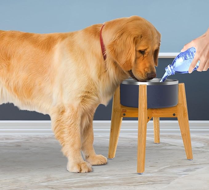 Dog Bowl Stand (12-inch High) - Ideal for Large Breeds - Adjustable Sideways, Slanted Feet - Elevates, Raises Pet Food Feeders, Water Dishes, Fountains, Dispensers - Bamboo Stand Only-PawvioPets