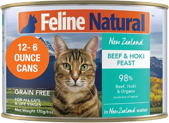 Feline Natural New Zealand Canned Catfood Wet Food, High-Meat, Low-Carb, & Grain Free Cat Food Wet, Beef & Hoki Feast, 6 oz, Pack of 12-PawvioPets
