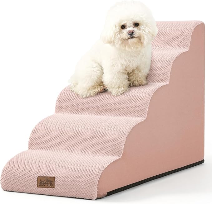 Dog Stairs for High Bed 22.6" H, Small Dog Step for Puppy, Older or Cat, Curved Ramp for Car, Ladder with High Density Foam, Lightweight, Durable, 15.7x33x22.6 inch, 5 Step, Pink-PawvioPets