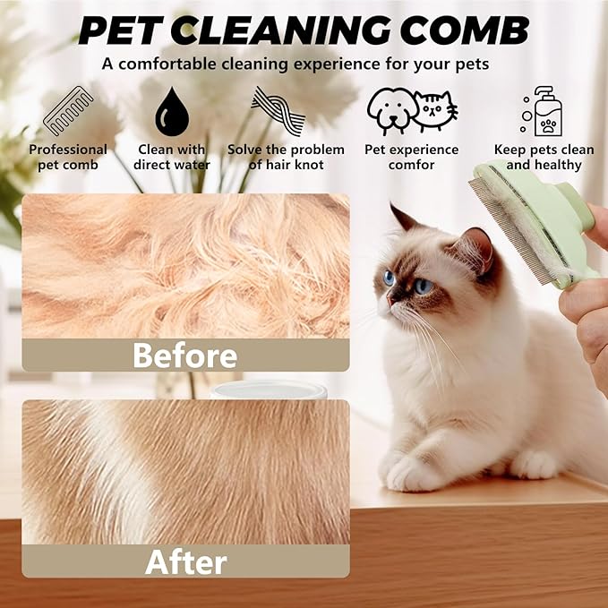 Flea Combs for Cats and Dogs with Release Button,Long & Short Stainless Steel Teeth for Deshedding, Fine Tooth Pet Brushes for Grooming Pet Hair Removal for Long and Short Hair 2 Pack-PawvioPets