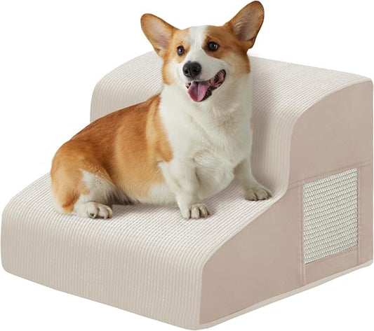 Dogs Steps for Bed, Dog Stairs for Small Dogs, 2-Step Dog Ramp for Bed, Couch, Sofa, and Chairs, Non-Slip Bottom Design, Cat Scratching, High Density Foam Portable Pet Step, Indoor, Beige-PawvioPets