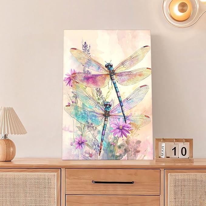 Dragonfly Bathroom Pictures Wall Art, Floral Bathroom Wall Decor, Framed Painting Canvas Artwork for Bedroom Living Room Decorations 24"L x 16"W-PawvioPets