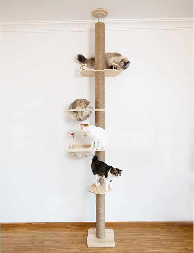 Floor-to-Ceiling Cat Tree with Natural Sisal Rope Scratching Post - Adjustable Height (55-119 Inches) - Modern Cat Activity Tree, Cat Scratcher Post-PawvioPets