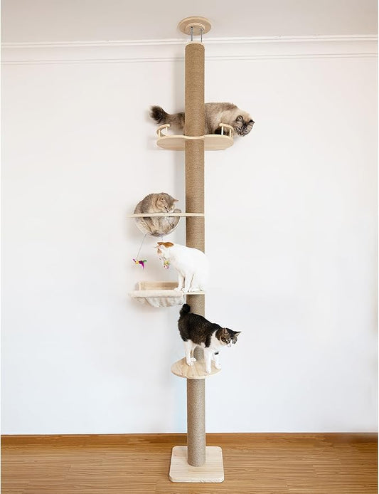 Floor-to-Ceiling Cat Tree with Natural Sisal Rope Scratching Post - Adjustable Height (55-119 Inches) - Modern Cat Activity Tree, Cat Scratcher Post-PawvioPets