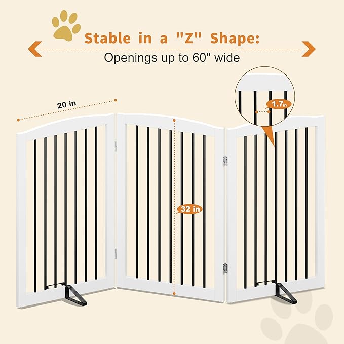 Freestanding Pet Gate for Dogs, Foldable Wooden Dog Gate for House Indoor, Tall Pet Fence for Stair, Doorway,Hall, Support Feet Included, 3 Panels 32",White-PawvioPets