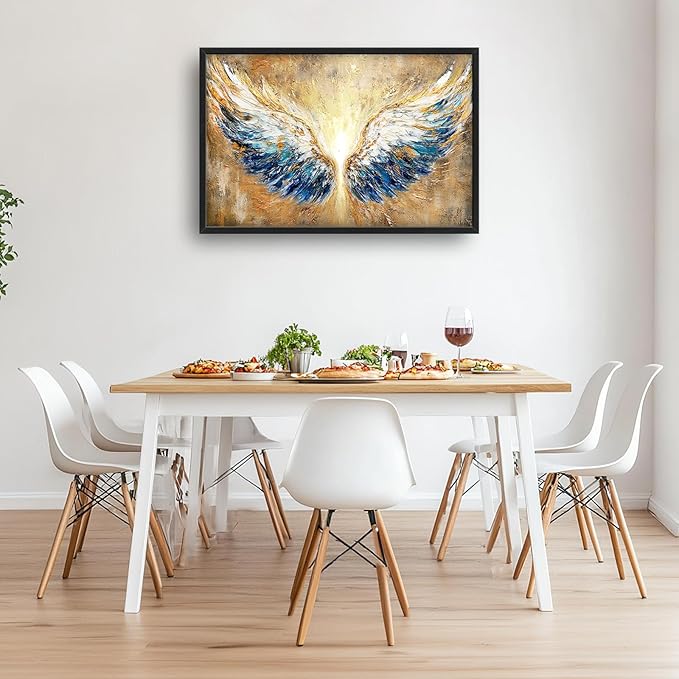 Extra Large Angel Wings Framed Wall Art for Living Room,Oversized Golden Wings Pictures Wall Decor,Holy Gold Blue Canvas Print Painting Modern Artwork Bedroom Office Bathroom 36L" x 24W"-PawvioPets