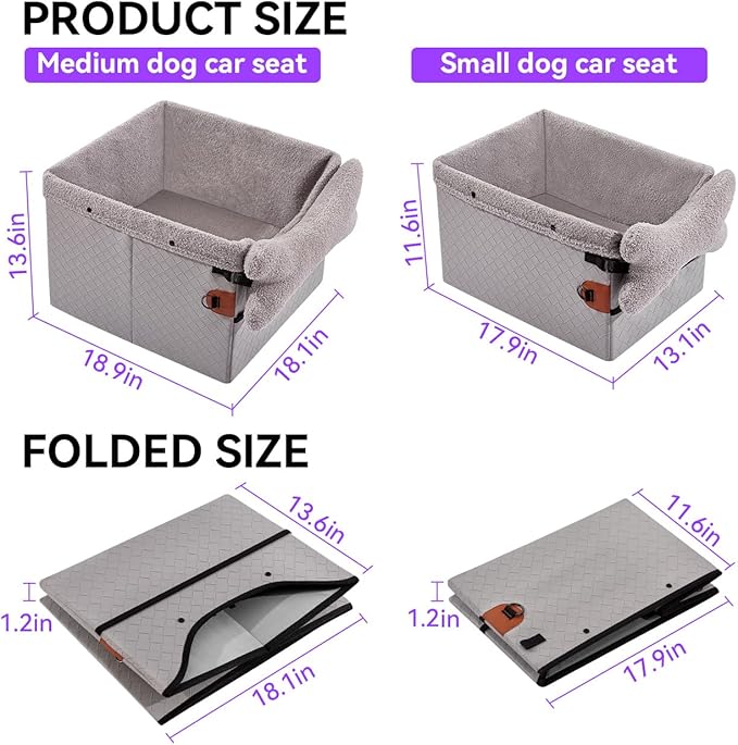 Dog Car Seats for Small Medium Dogs,PU Leather Car Seat Boosters,Foldable Puppy Cat Carseats (Grey, Medium Dog)-PawvioPets