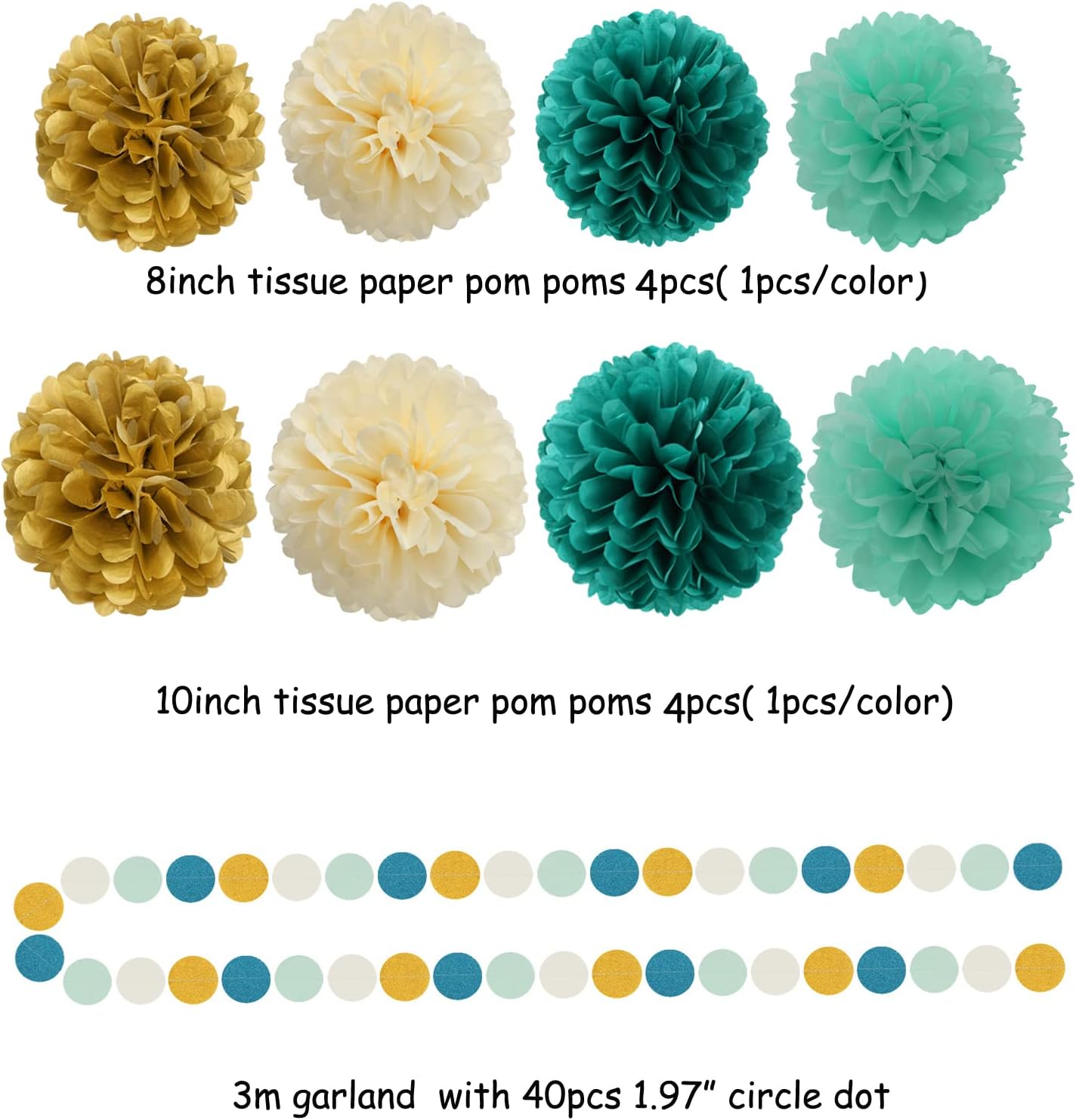 Teal-Blue Mint Beige-Gold Party Decorations - 30pcs Rustic Wedding Tissue Pom Poms Streamers,Tassel Garland Banner,Women Birthday Bachelorette Engagement Party Decor Bunting Lasting Surprise