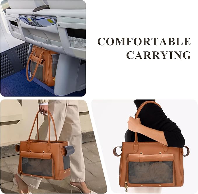 Fashion Pet Carrier Purse for Small Cat and Dog, Luxury Pu Soft-Sided Tote Bag with Large Pockets for Dogs and Puppies (Brown, 15.8" L x 7.5" W x 11.8" H)-PawvioPets