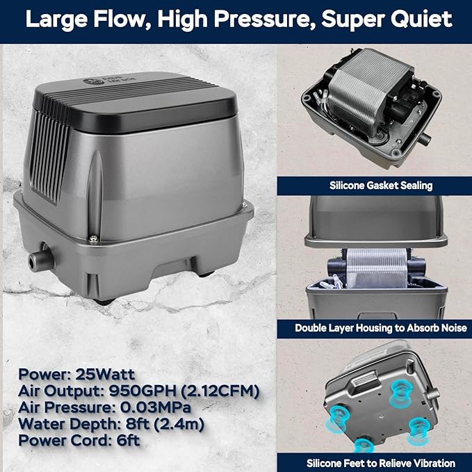 AquaMiracle All-in-1 Koi Pond Aeration Kit Pond Air Pump with Self-Sinking Airline Rubber Air Diffuser, Air Flow Control Pond Aerator for Outdoor Pond 10,000-15,000 Gallons-PawvioPets