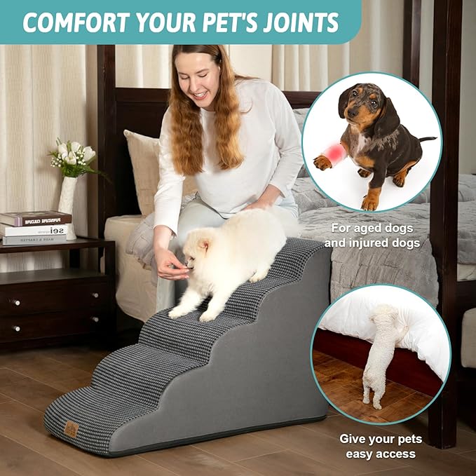 Dog Stairs for High Bed 22.6" H, Small Dog Step for Puppy, Older or Cat, Curved Ramp for Car, Ladder with High Density Foam, Lightweight, Durable, 15.7x33x22.6 inch, 5 Step, Dark Grey-PawvioPets