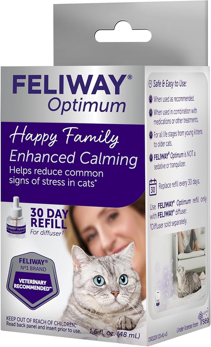 FELIWAY® Optimum 30 Day Cat Calming Refill for Pheromone Diffuser, 48ml - Helps Reduce Common Signs of Stress in Cats & Kittens, Enhanced Calming-PawvioPets