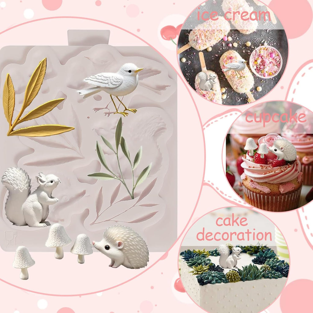 1Pcs Cute Hedgehog Squirrel Silicone Mold, Mushroom Leaf Chocolate Fondant Mold for Cake Decoration, Biscuits, Candy, Sugar Craft, Flower Paste, Clay, Resin Craft, Pendant, Home Decor