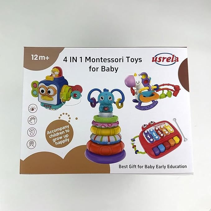 4 in 1 Baby Toys for 6 12 18 Month, Learning Toys for Babies 6-12 Months, Busy Cube, Stacking Sorter, Piano Xylophone Pull String Travel Toy, Birthday Gifts for Toddlers 1 2 Years Old-PawvioPets