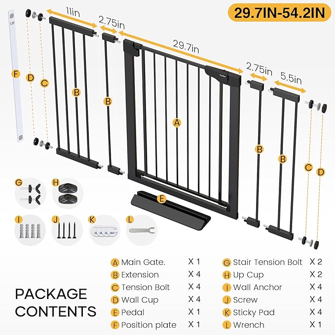 Cumbor 36" Extra Tall Baby Gate for Stairs, 29.7-54.2" Extra Wide Dog Gate for Doorways Hallways, Pressure Mounted Child Gate for Wide Opening, Auto Close Personal Safety for Babies and Pets, Black-PawvioPets