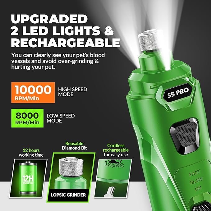 Dog Nail Grinder with 2 LED Lights Powerful 2 Speeds Super Quiet Dog Nail Trimmers with 3 Grinding Wheels Rechargeable Pet Dog Nail Clippers for Large Medium Puppy Dogs Dog Nail File Cat Nail Clipper-PawvioPets